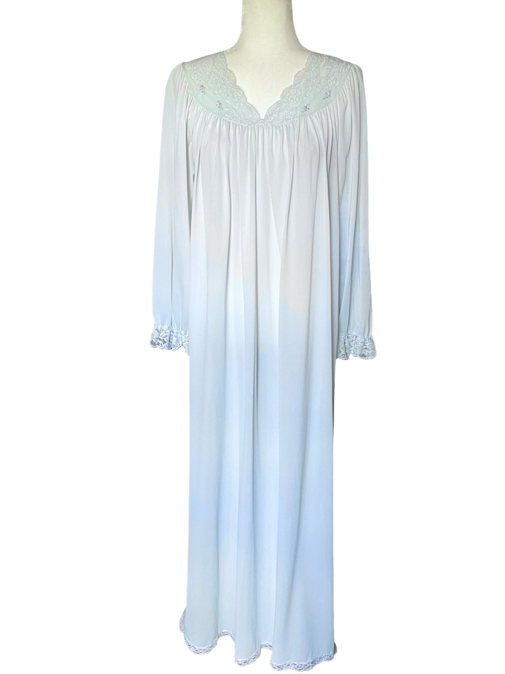 Vintage Shadowline Lace Trim Floral Embroidered Long Nightgown